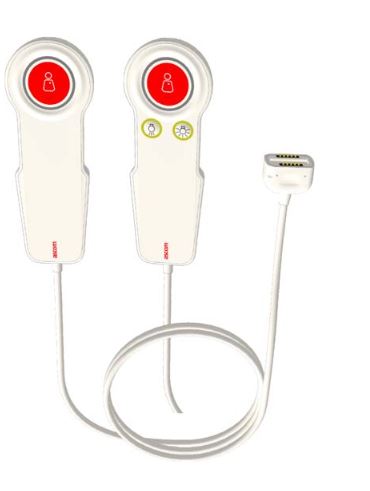 Mini manipulateur étanche IP67, 1 bouton rouge avec symbole infirmière  1 câble de 3m avec prise auto-extractible magnétique.