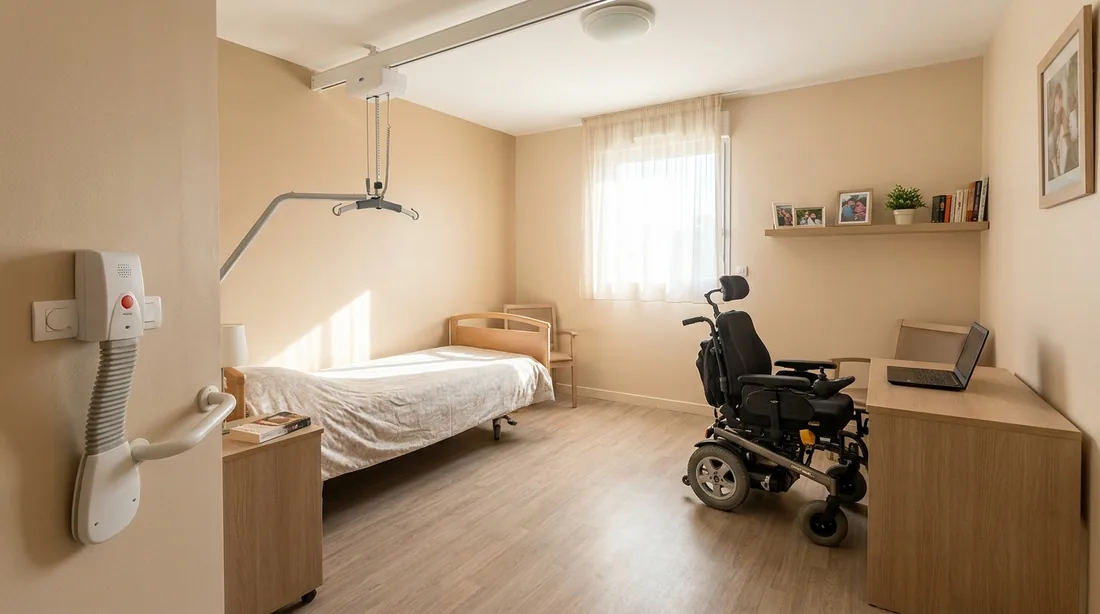 Chambre adaptée où la commande est placée selon le geste possible du résident