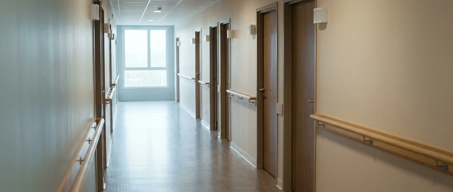 Couloir d'établissement de santé équipé de hublots de signalisation d'appel