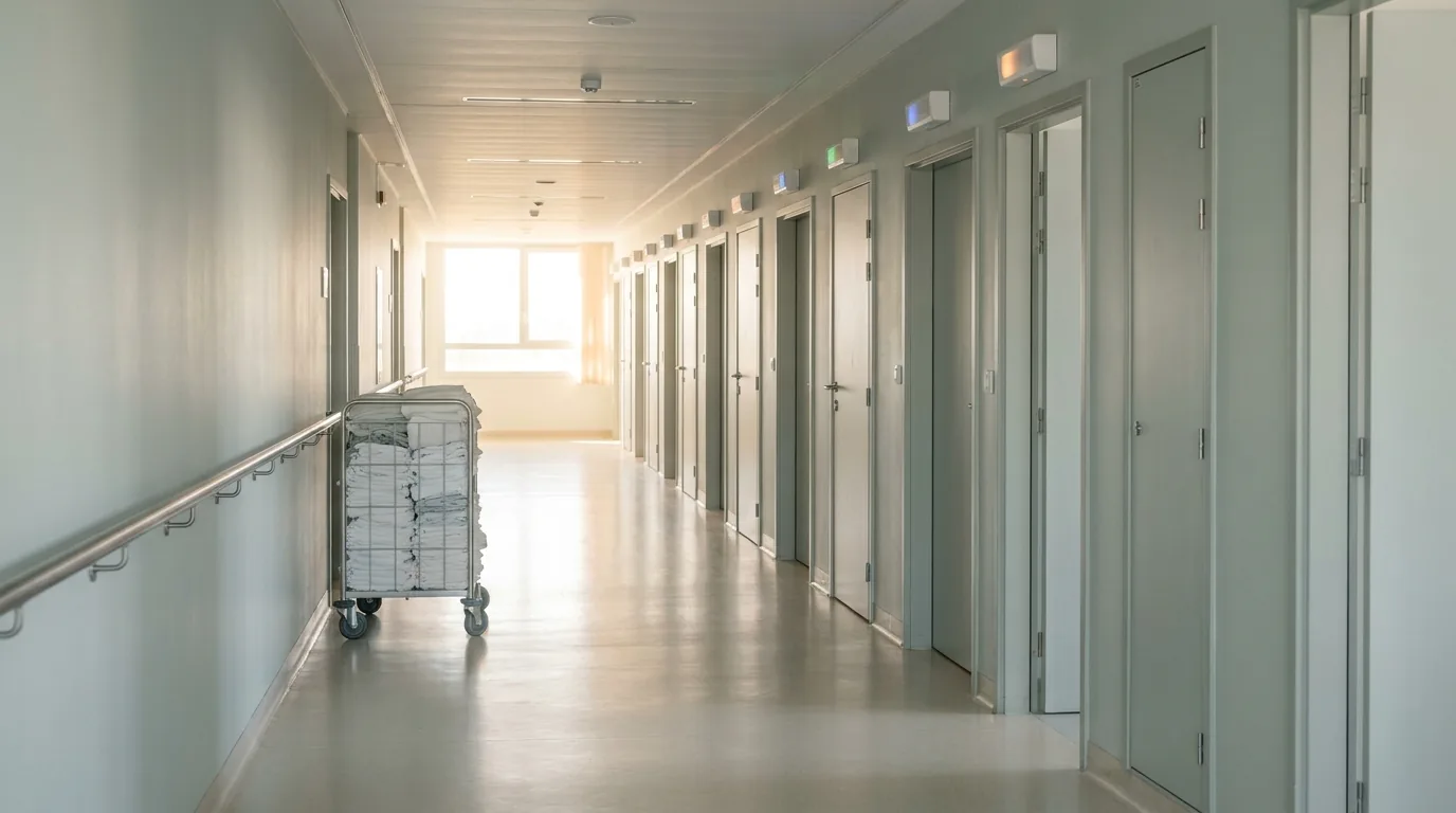 Couloir d'hôpital avec hublots de signalisation d'appel au-dessus des portes