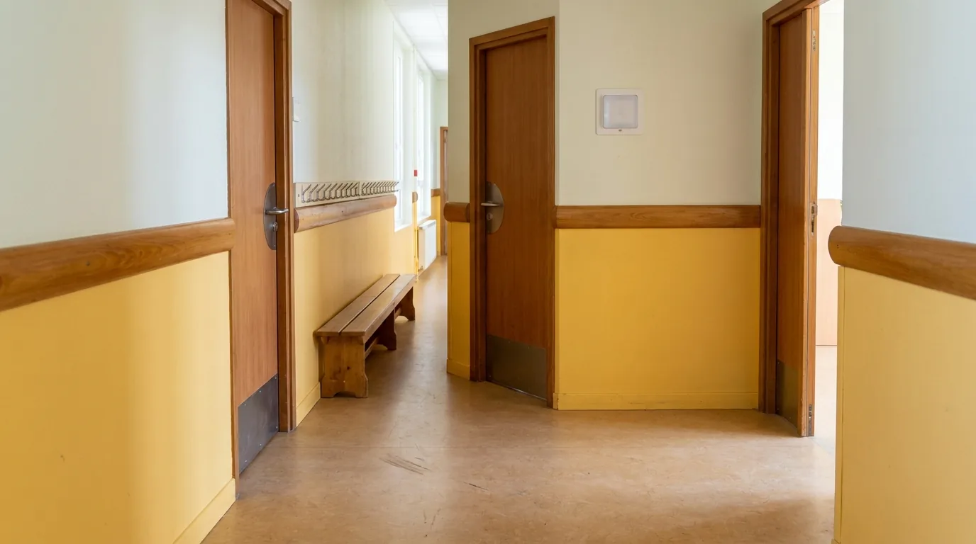 Couloir d'internat d'IME, avec une signalisation d'appel visible depuis le poste de veille