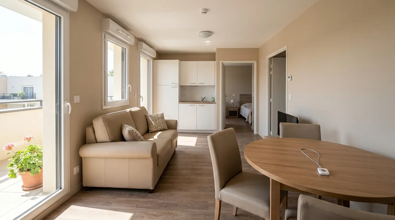 Appartement de résidence autonomie équipé d'un médaillon d'appel porté par le résident
