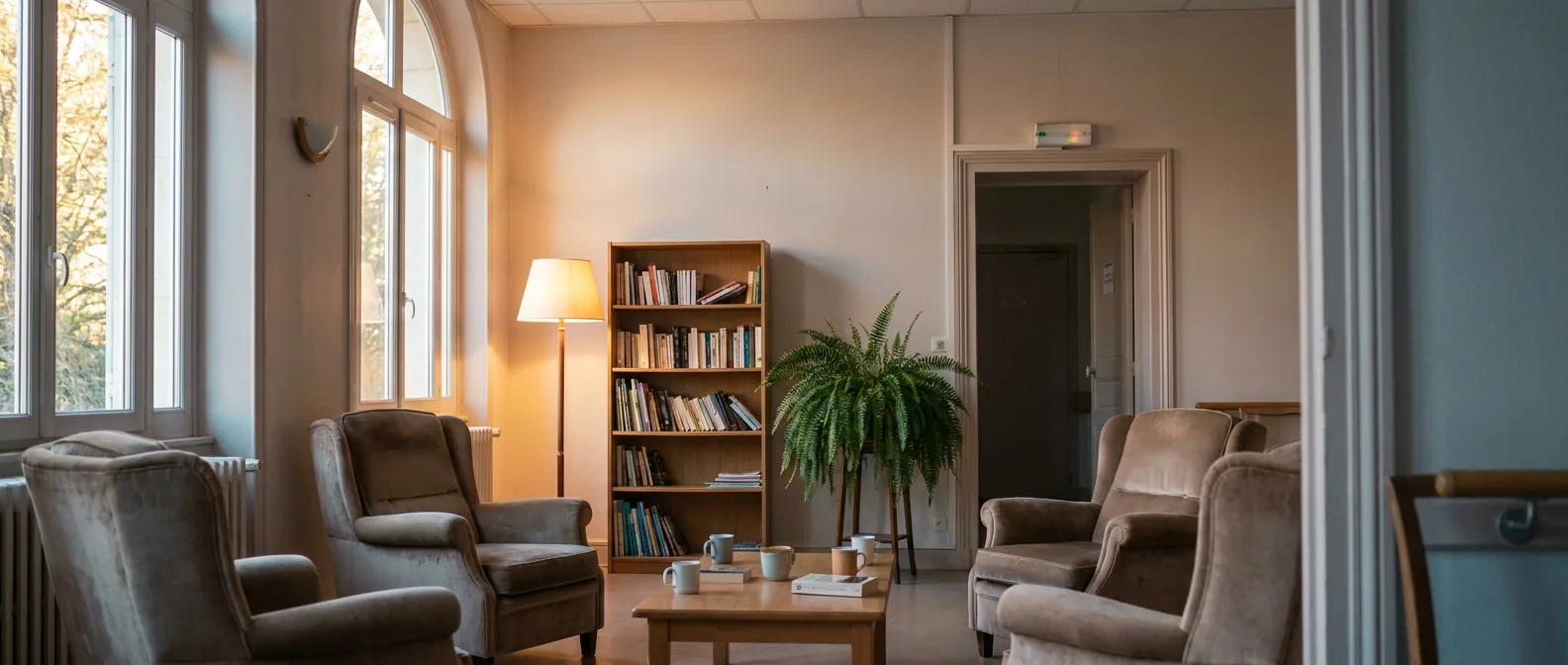 Espace commun d'établissement où l'appel doit passer aussi bien qu'en chambre