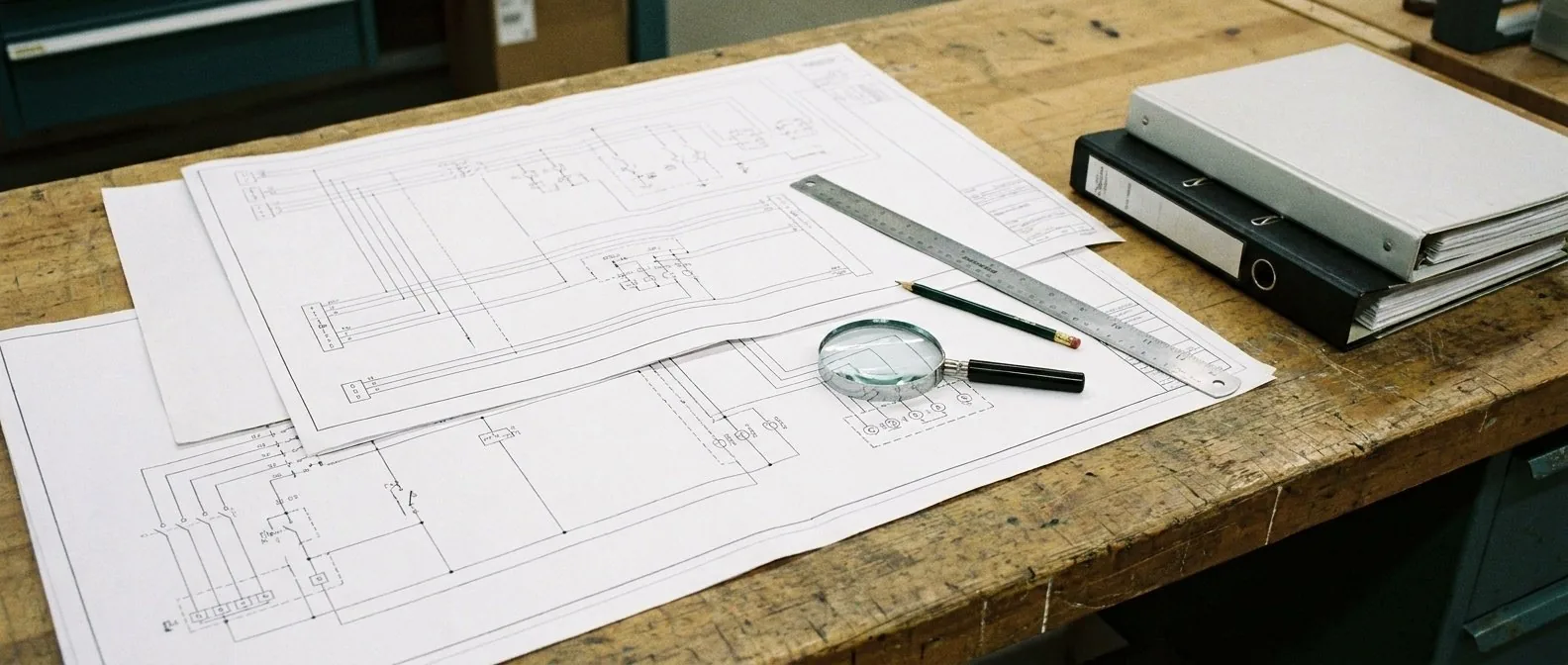 Dossier technique et schémas d'installation d'appel malade posés sur un plan