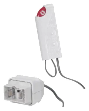 Poire d'appel Ackermann 74141B3, photo du produit : boîtier à un bouton rouge, cordon et fiche auto-éjectable